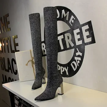 2023 Tesatura Stretch pentru Femei de Iarnă Cizme Pantofi Subliniat Toe Tocuri de 10cm Over-the-Genunchi Argint Tesatura de Bumbac Șosete Cizme