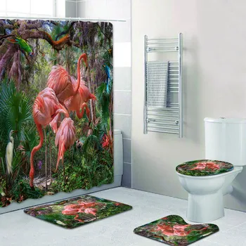 3D Portret al Flamingo Perdea de Duș Set Exotic Flamingo Turma Foto Perdele de Baie rezistent la apa Covoare de Baie, Covoare de Decor Acasă