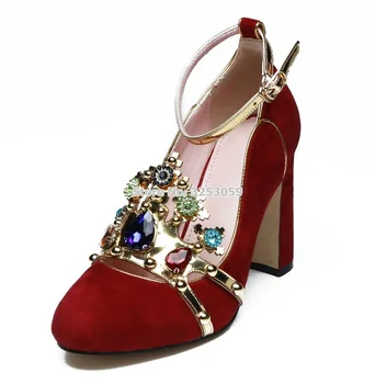 ALMUDENA Roșu de Lux din Piele Roz cu Multi-culoare Margele Indesata Toc Pantofi de Nunta Metalice Gem Bling Bling Cristal Rochie cu Paiete Pompa