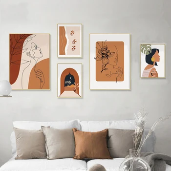 Boem Linie Femeie Bej Arta de Perete la Mijlocul Secolului Moderne Panza Printuri Pictura Galerie de Postere pentru Camera de zi Acasă