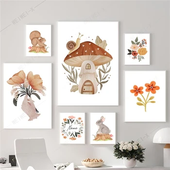 Boho Ciuperci Panza Pictura Urs Iepure de Flori de Pădure Pepinieră Arta de Perete Postere si Printuri de Imagini pentru Copii Copil de Cameră Decor