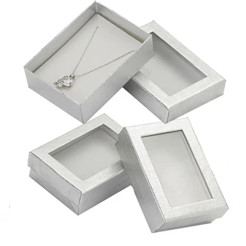 Carton Set de Bijuterii Cutii de Cadouri 7x9cm Argint Ambalaje de Hârtie de Afișare pentru Colier Cercei Inel cu Capac Transparent 24buc