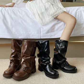 Cizme Femei Nou 2023 sex Feminin Pantofi Rotund-Deget de la picior Doamnelor Med Glezna Toamna Cowboy Bază de Copite Tocuri Tesatura Roma PU PVC Solidă Slip-On La