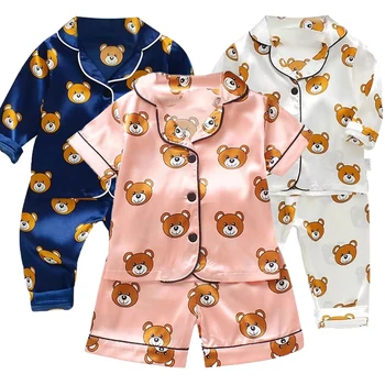 Copii Pijama Set desen Animat Urs Mic Fata de Gheață de Mătase Satin Set Top si Pantaloni de Baieti Pijamale Primavara/Vara Baby Set