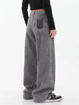Coreea Style Femei Blugi Denim Vintage Largi Picior Jean Cizme De Moda Vrac Lungime Streetwear Femei Pantaloni Casual Pantaloni Gri