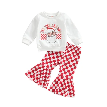 Crăciun Fete pentru Copii Haine de Moda Costume de Mos craciun Imprimare Gât Rotund Maneca Lunga T-shirt, Blaturi și Casual Carouri Flare Pantaloni Set