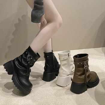 Doamna Cizme Pantofi Femei Toamna Rotund Toe Lux Designer De Cizme Cu Fermoar-Femei La Jumătatea Vițel La Mijlocul Lunii Vițel Cu Toc Lolita Moda 2023 Rock