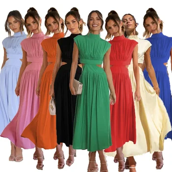 Dulce Femeile Streetwear Vară în Picioare Guler Rochie de Mare Talie Deschis de mult Timp O Rochie-linie elegant, Galben, roșu, sexy rochii plisate