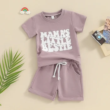 Fată copilul Haine de Vară Scrisoare de Imprimare Maneci Scurte Rotund Gat T-Shirt, cu Culoare Solidă pantaloni Scurți 2 Buc Tinuta