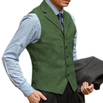 Herringbone Vestă de Bărbați Britanici Spic Costum de Tweed Vesta de Afaceri Formale Rochie Vesta Notch Rever fără Mâneci Vesta Casual