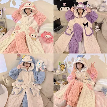 Kawaii Kuromi Melodia Mea Cinnamoroll Coral Catifea Cămașă De Noapte De Iarnă Femei Anime Sanrio Girly Inima Drăguț Îngroșat Set De Pijama