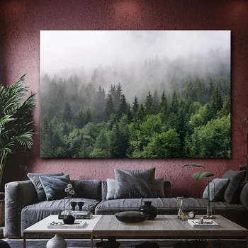 Natura Misty Pădure Panza Pictura Poster de Arta de Perete Dimineață, Ceață, Nor Verde, Munți, Copac Imagini pentru Living Decor Acasă