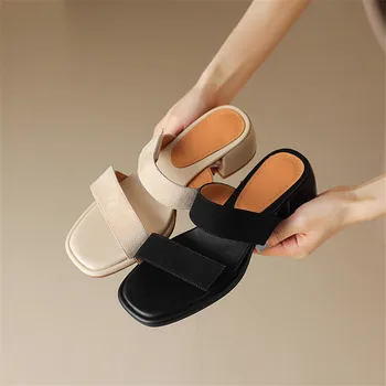 Noi Oaie piele de Căprioară de Vară Papuci Femei 2023 Pătrat Deget de la picior Toc Indesata Sandale Soft Open Toe Pantofi pentru Femei lucrate Manual Papuci Femei