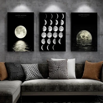 Nordic luna faza fotografie alb-negru de hârtie poster de arta de perete panza de imprimare poster de arta de perete imaginile pentru pat cameră