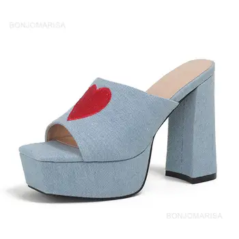 Platforma Catâr Sandale Pentru Femei Sandale Inima-Design în formă de Deget de la picior Deschis Indesata Bloc cu Toc Înalt Sandale Denim Casual, Pantofi 