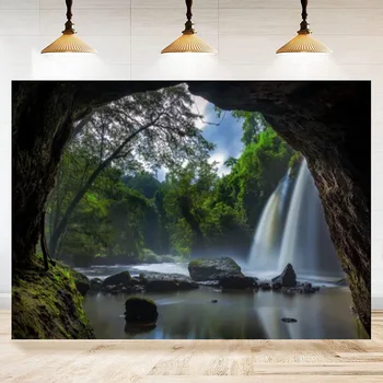 Păduri tropicale, Cascade Fotografie Fundal de Munte, Peșteri, Cascade Copaci Verzi Lac de Fundal Natura, de Călătorie Camping poster