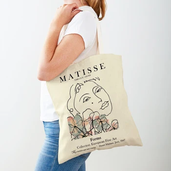 Rezumat Matisse Linie Fata De Corali Frunze Soare Supermarket Cumparator Saci Nordic Fata Doamna Tote Geantă De Mână De Panza Femei Geantă De Cumpărături
