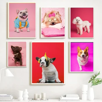 Roz Câine Amuzant Catelus Bulldog Salon Pepinieră Poster Print De Arta De Perete Poze Panza De Tablou Living, Dormitor Decor Acasă Cadou
