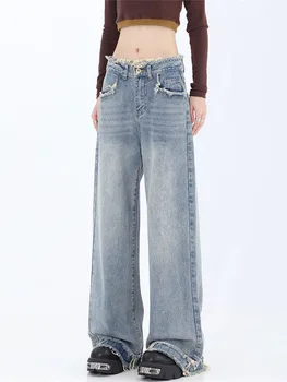 Stil American Vintage Spălat Margine Prime De Moda De Înaltă Talie Pantaloni Casual, Blugi Largi Picior Femei Y2k Streetwear Largi Pantaloni Albastru