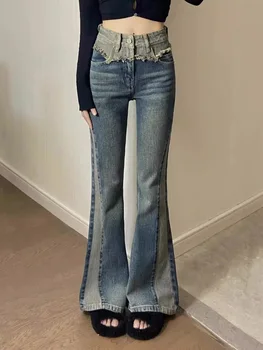 Toamna Vintage Designer Flare Pantaloni Femei Mozaic Coreeană De Moda Denim Pantaloni Sex Feminin Cu Talie Înaltă Elegant Casual Pantaloni 2023 Noi