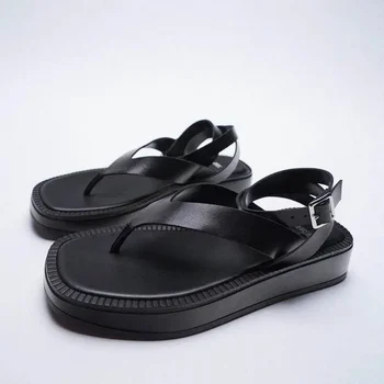 Vara Femei Pantofi Negru din Piele Plat Sandale de Moda Dantelă sus cu Talpă Groasă Glezna Curea Sandale Pentru Femei ZA Pinch Degetul Flip Flops